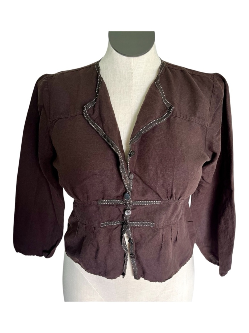 Christopher & Banks 90’s / Y2K Cinched Button Front Cropped Linen Top w/ Ribbon